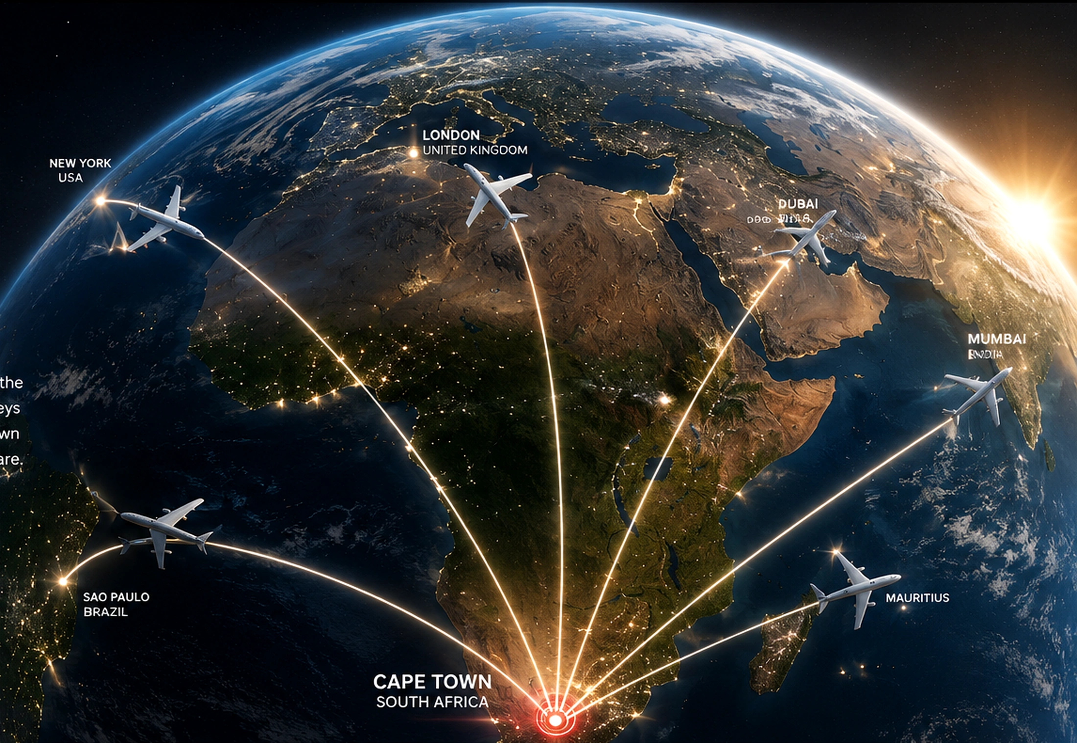 Photorealistic globe showing global travel connections from Cape Town